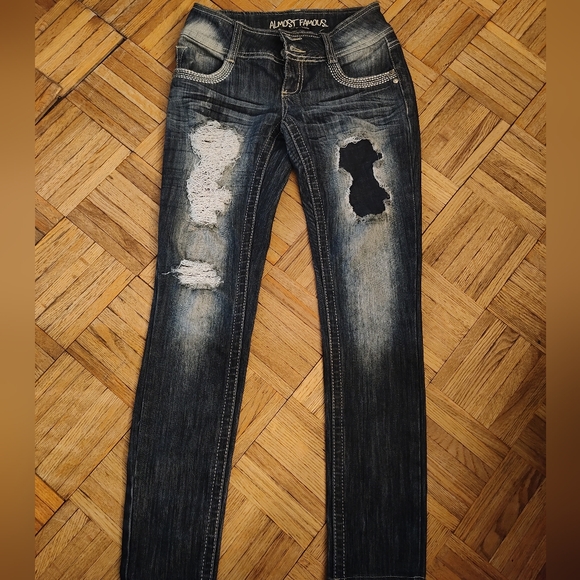 Almost Famous Dark Wash Distressed Skinny Jeans - Picture 1 of 3